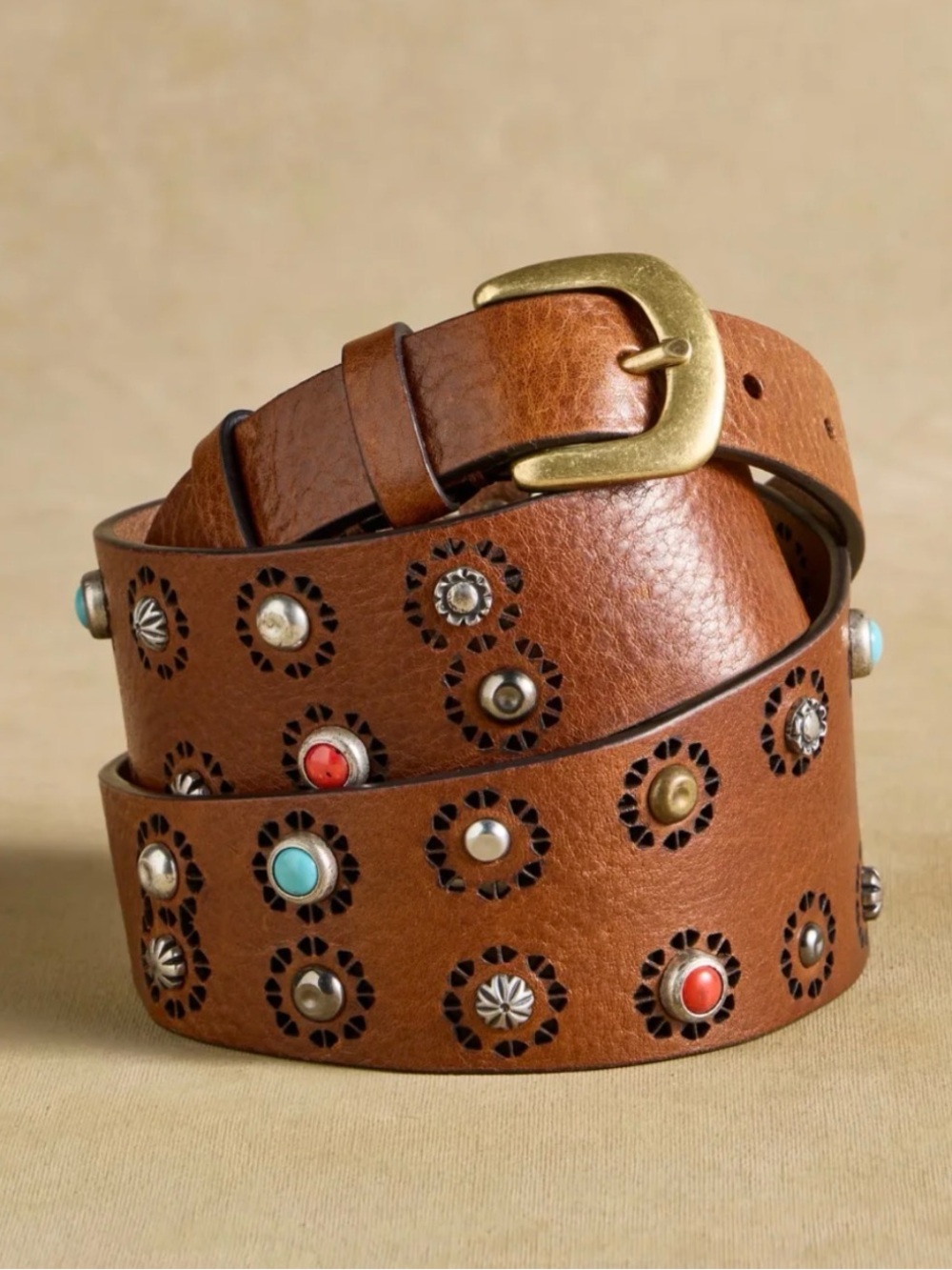 Sundance Cognac Studded Leather Women's Belt with Turquoise & Coral Accents